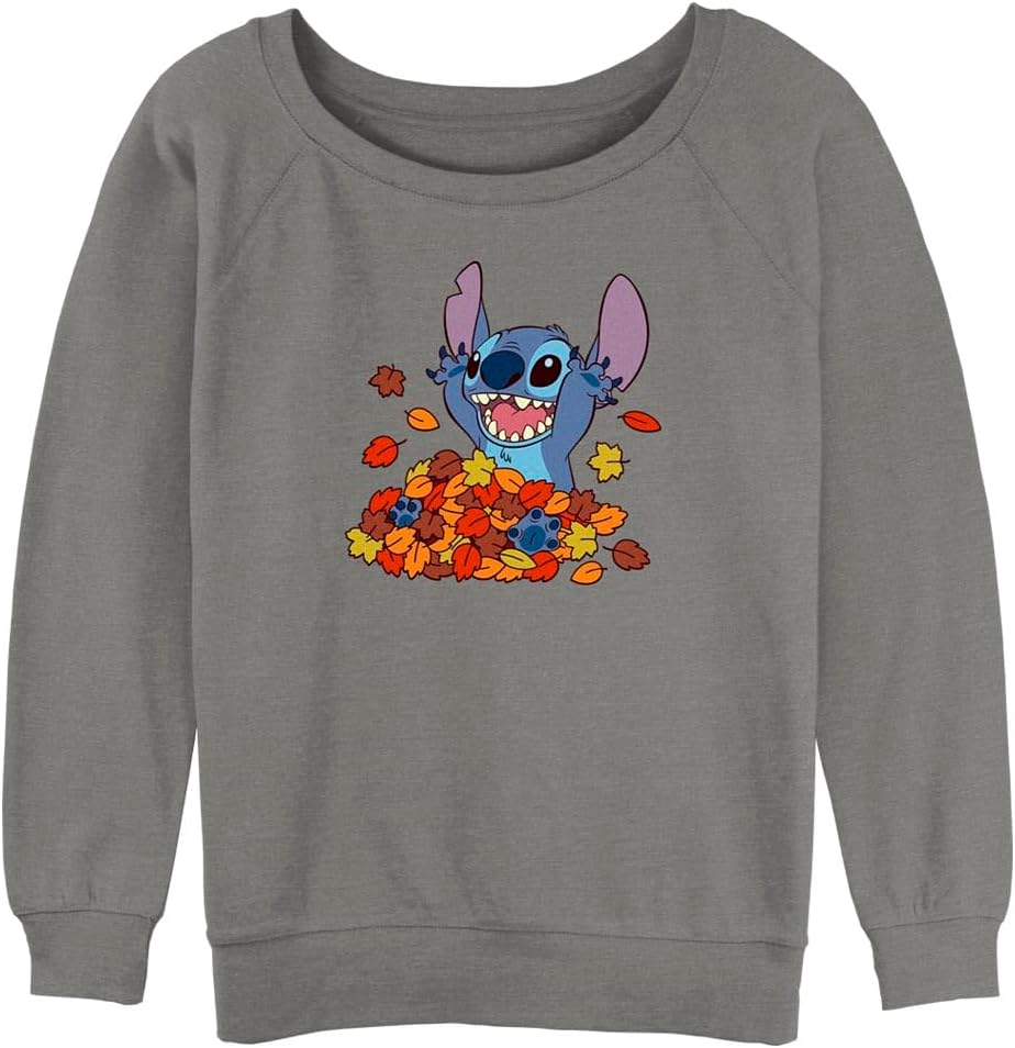 Disney Women's Lilo & Stitch Leaf Pile Junior's Raglan Pullover with Coverstitch